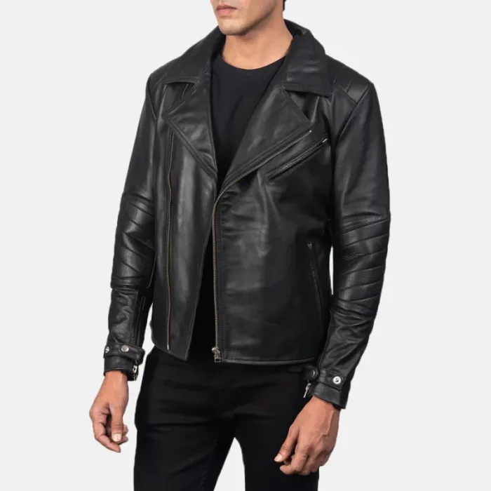 Men'S Raiden Black Leather Biker Jacket Side