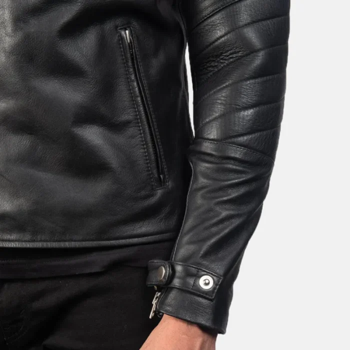 Men'S Raiden Black Leather Biker Jacket Close Up