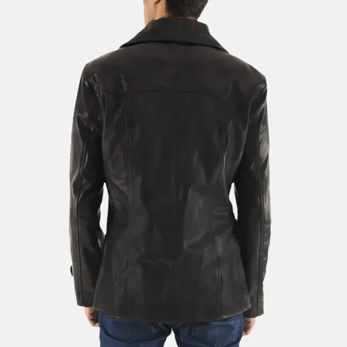 Men'S Black Cowhide Button-Up Leather Coat Back