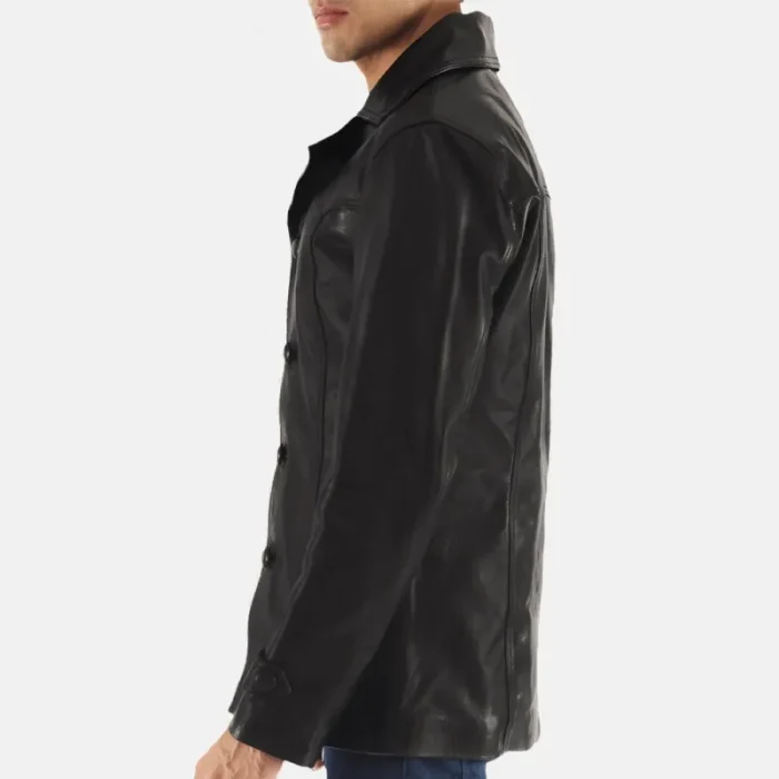 Men'S Black Cowhide Button-Up Leather Coat Side