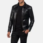 Men's Black Cowhide Leather Biker Jacket LUXIDE