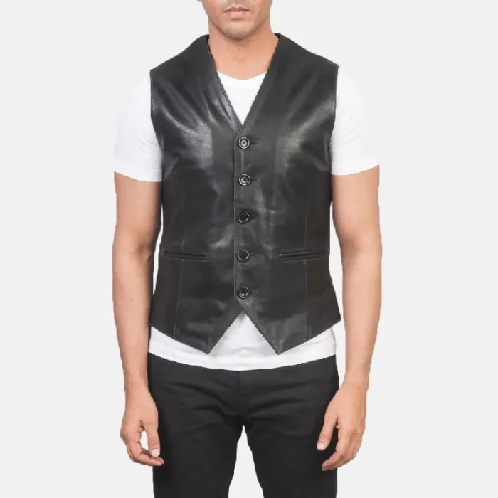 Men'S Black Cowhide Leather Vest Front