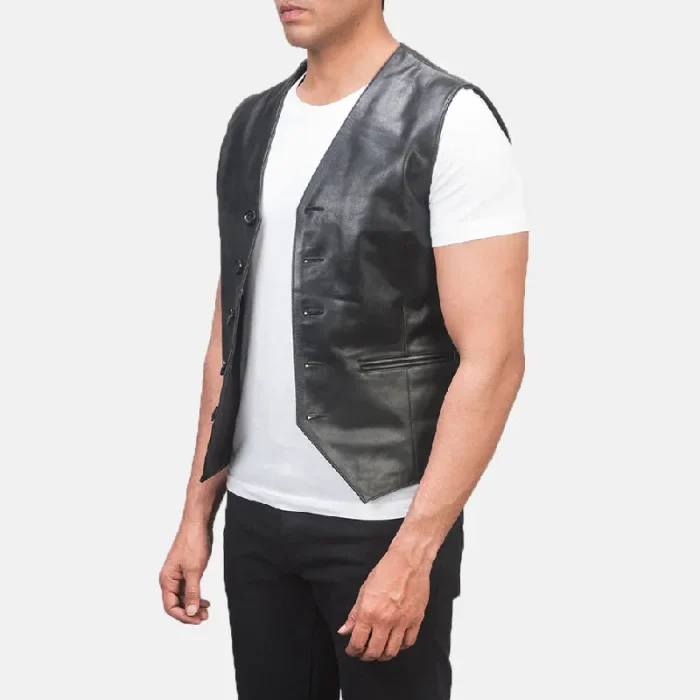Men'S Black Cowhide Leather Vest Side