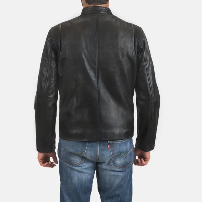 Men'S Black Cowhide Leather Zipper Biker Jacket Back View