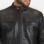 Men's Black Cowhide Leather Zipper Biker Jacket Close View