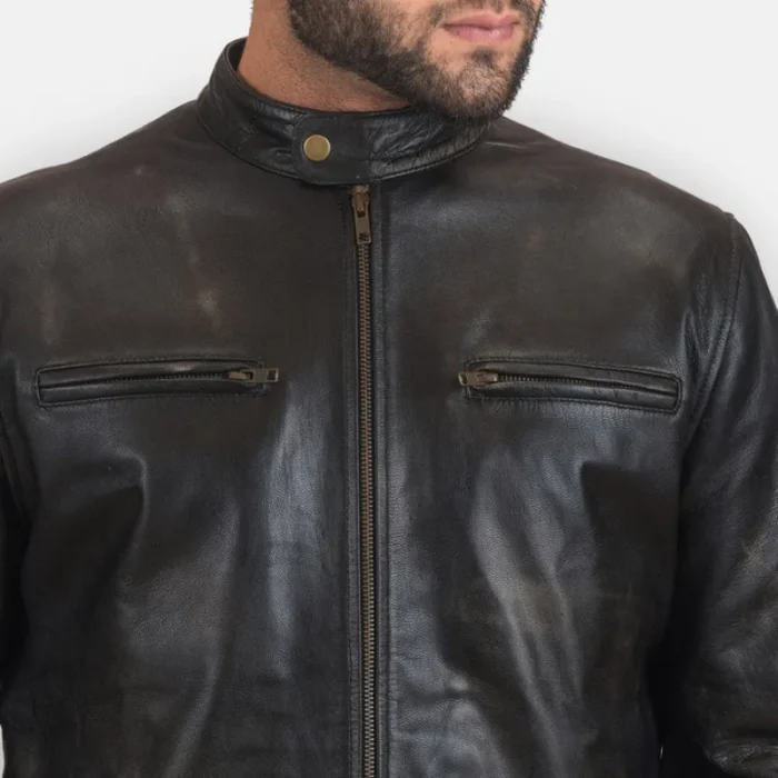 Men'S Black Cowhide Leather Zipper Biker Jacket Close View