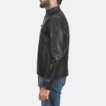 Men's Black Cowhide Leather Zipper Biker Jacket Side