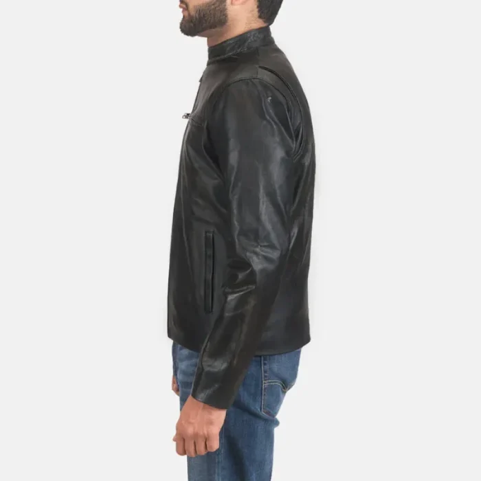 Men'S Black Cowhide Leather Zipper Biker Jacket Side