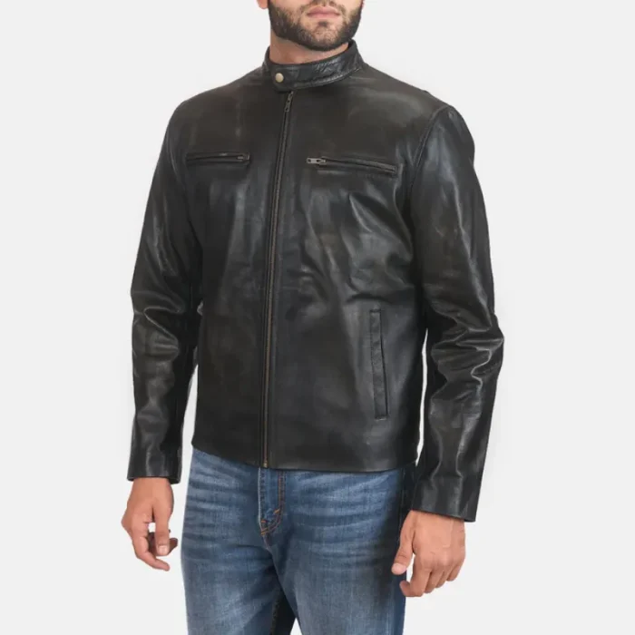 Men'S Black Cowhide Leather Zipper Biker Jacket Side View