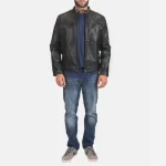 Men's Black Cowhide Leather Zipper Biker Jacket Wearing look