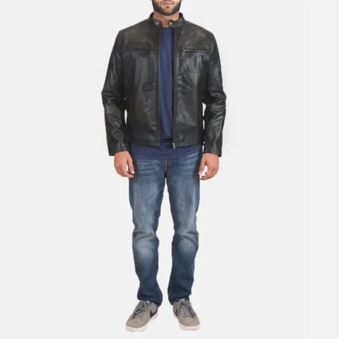 Men'S Black Cowhide Leather Zipper Biker Jacket Wearing Look