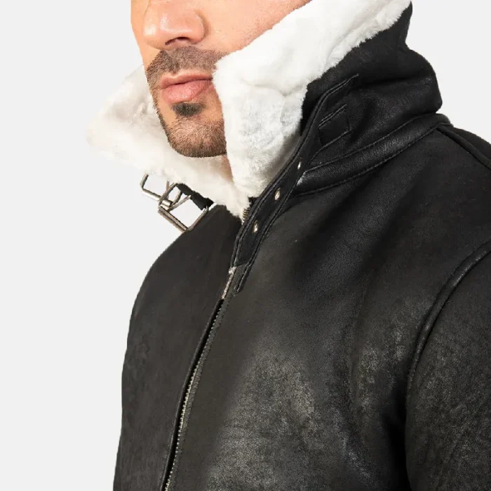 Men'S Black Distressed Bomber Leather Jacket Close View