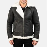 Men's Black Distressed Leather Bomber Jacket With Fur