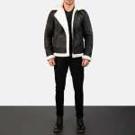 Men's Black Distressed Bomber Leather Jacket Wearing Look