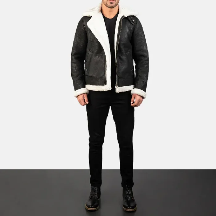 Men'S Black Distressed Bomber Leather Jacket Wearing Look