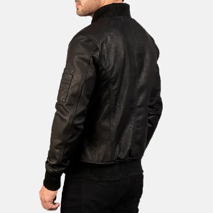 Men'S Black Distressed Leather Bomber Jacket Back