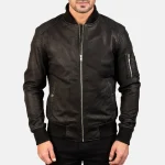 Men's Black Distressed Leather Bomber Jacket Front View