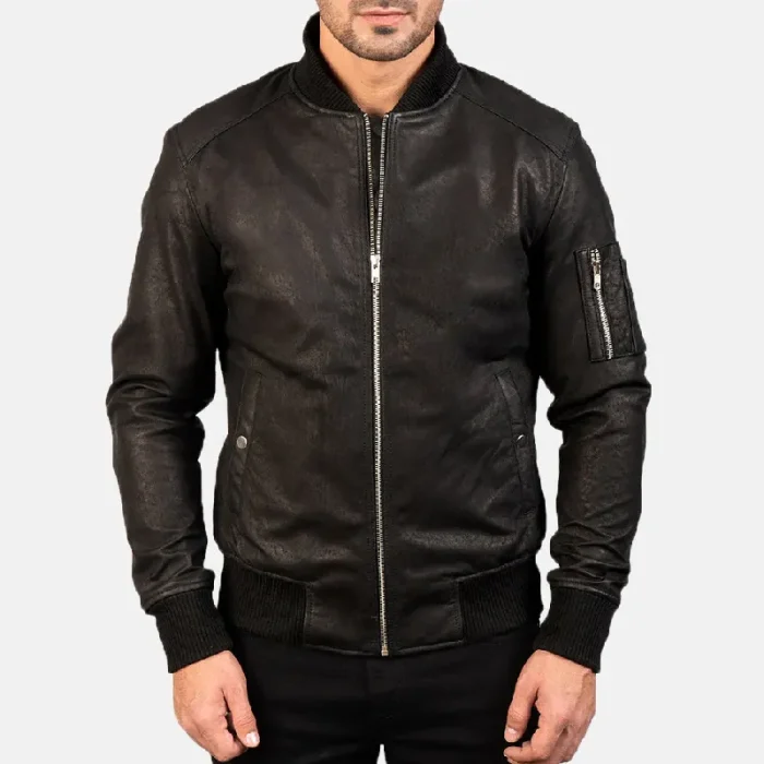 Men'S Black Distressed Leather Bomber Jacket Front View