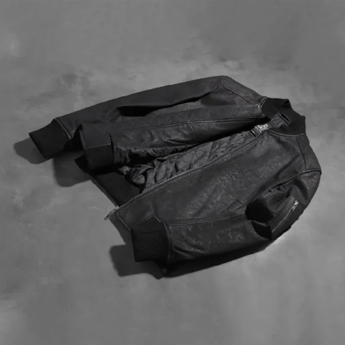 Men'S Black Distressed Leather Bomber Jacket Jacket View