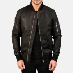 Men's Black Distressed Leather Bomber Jacket