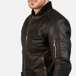 Men's Black Distressed Leather Bomber Jacket Side