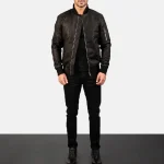 Men's Black Distressed Leather Bomber Jacket Wearing Look