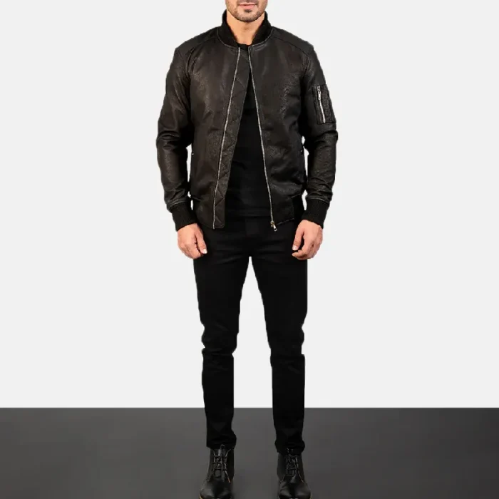 Men'S Black Distressed Leather Bomber Jacket Wearing Look