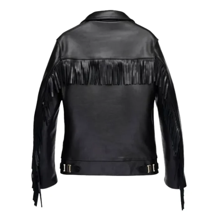 Men'S Black Fringe Sheepskin Leather Jacket Back