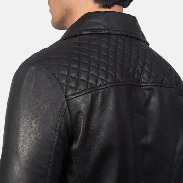 Men'S Black Goatskin Leather Zip-Up Biker Jacket Close Up