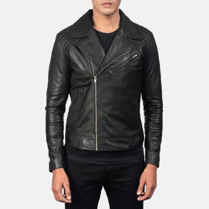 Men'S Black Goatskin Leather Zip-Up Biker Jacket Front View