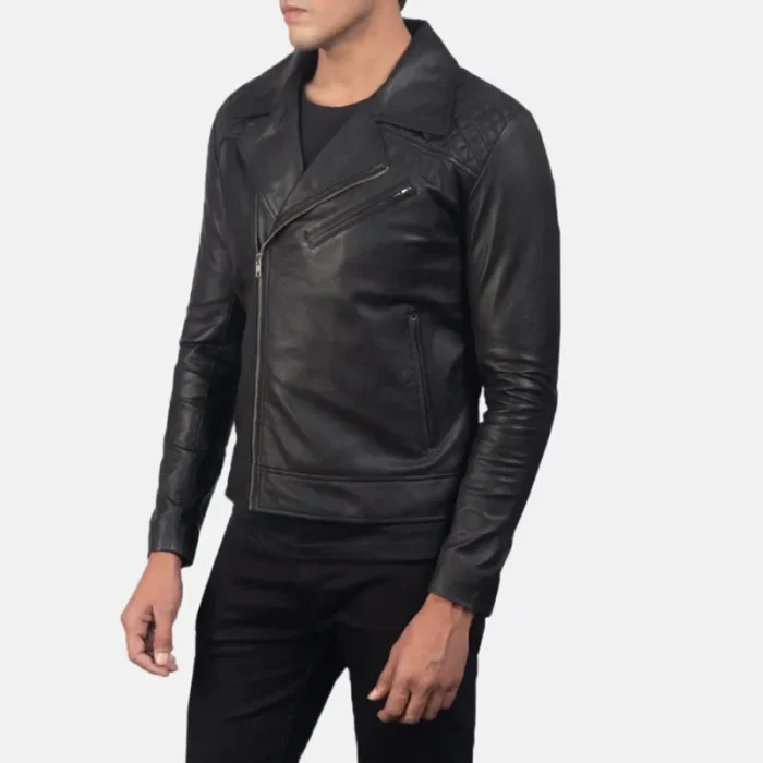 Men'S Black Goatskin Leather Zip-Up Biker Jacket Side