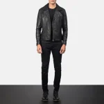Men's Black Goatskin Leather Zip-Up Biker Jacket Wearing Look