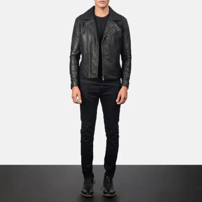 Men'S Black Goatskin Leather Zip-Up Biker Jacket Wearing Look