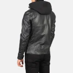 Men's Black Hooded Leather Zipper Biker Jacket Back View