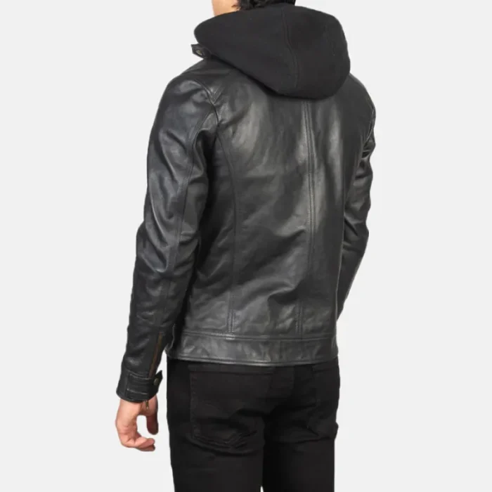 Men'S Black Hooded Leather Zipper Biker Jacket Back View