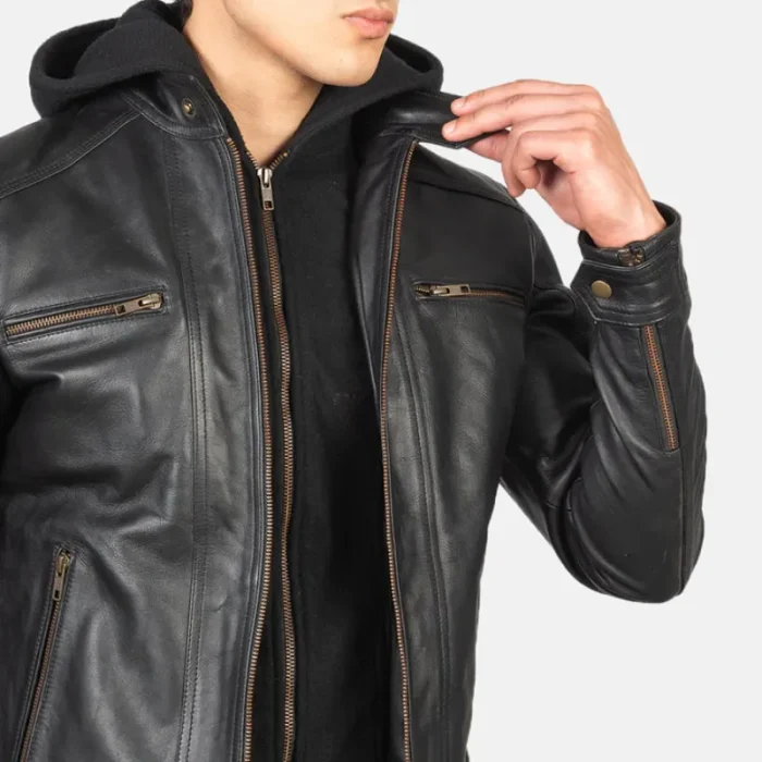 Men'S Black Hooded Leather Zipper Biker Jacket Close View