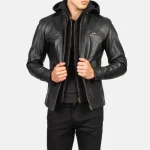 Men's Black Hooded Leather Zipper Biker Jacket Front View