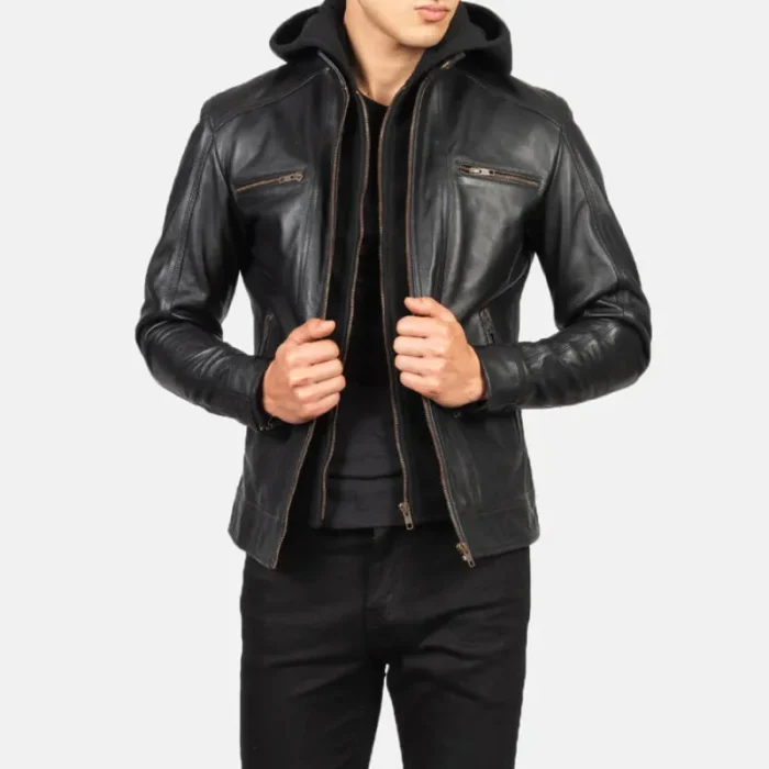 Men'S Black Hooded Leather Zipper Biker Jacket Front View