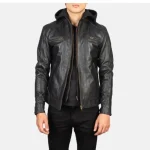 Men's Black Hooded Leather Zipper Biker Jacket