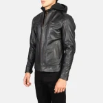 Men's Black Hooded Leather Zipper Biker Jacket Side View