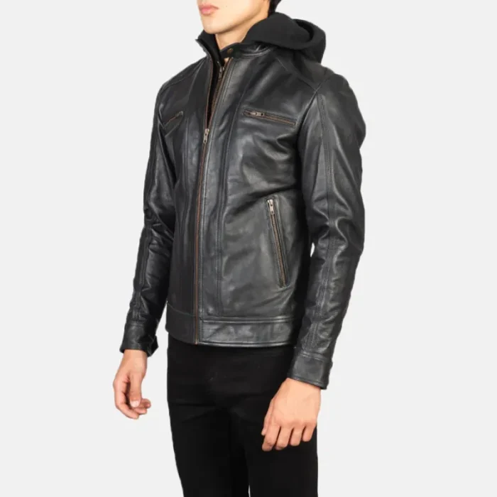 Men'S Black Hooded Leather Zipper Biker Jacket Side View