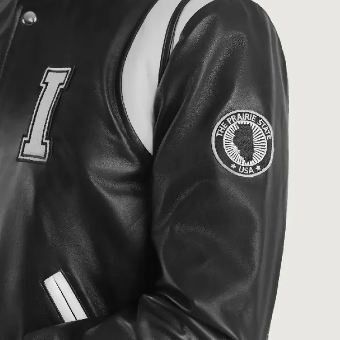 Men'S Black Illinois Varsity Leather Jacket Close