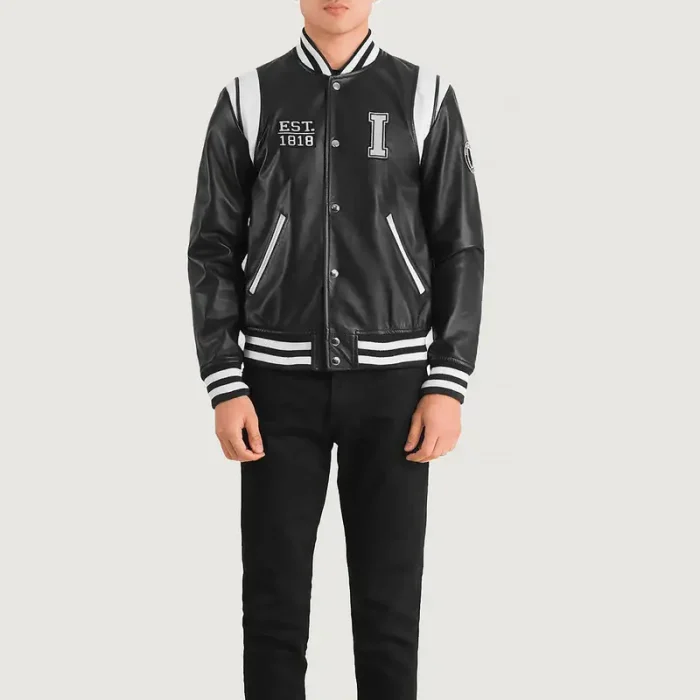 Men'S Black Illinois Varsity Leather Jacket Front