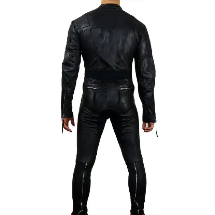 Men'S Black Insert Style Biker Leather Jumpsuit Back