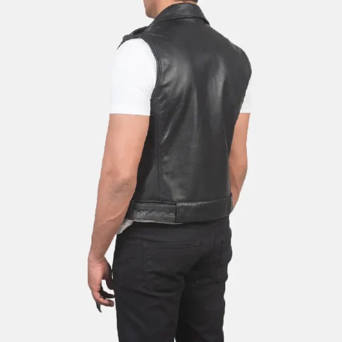 Men'S Black Leather Biker Vest Back