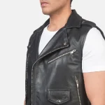 Men's Black Leather Biker Vest Close View