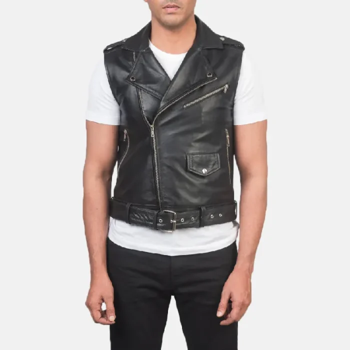Men'S Black Leather Biker Vest Front