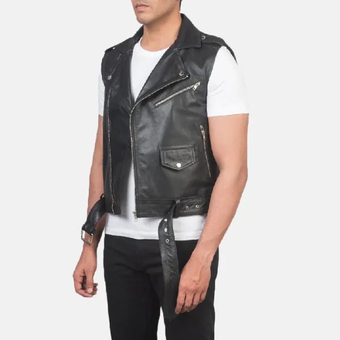 Men'S Black Leather Biker Vest Side