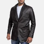 Men's Wine Black Leather Two-Button Blazer