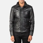 Men’s Black Leather Button-Up Bomber Jacket